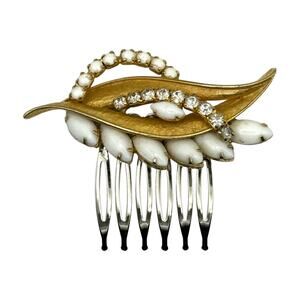Bridal White Rhinestone Hair Comb Vintage Gold Leaf Hairpiece Jewelry Wedding
